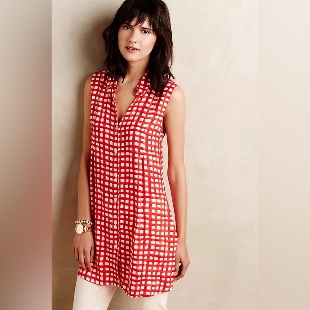 Anthropologie 11:1 Tylho Percy Tunic Red White Gingham Plaid Windowpane Medium